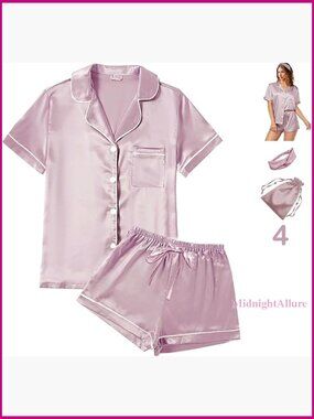Satin Pajama Set with Headband & Pouch, Short Sleeve & Shorts, XS-4XL